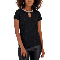 Outlet 🧨 INC International Concepts 👩 Women's Embellished-Neck Keyhole Top, Created For Macy's Deep Black 👏 -Inc International Sales unnamed file 1007