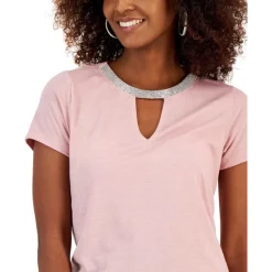 Outlet 🧨 INC International Concepts 👩 Women's Embellished-Neck Keyhole Top, Created For Macy's Deep Black 👏 -Inc International Sales unnamed file 1009