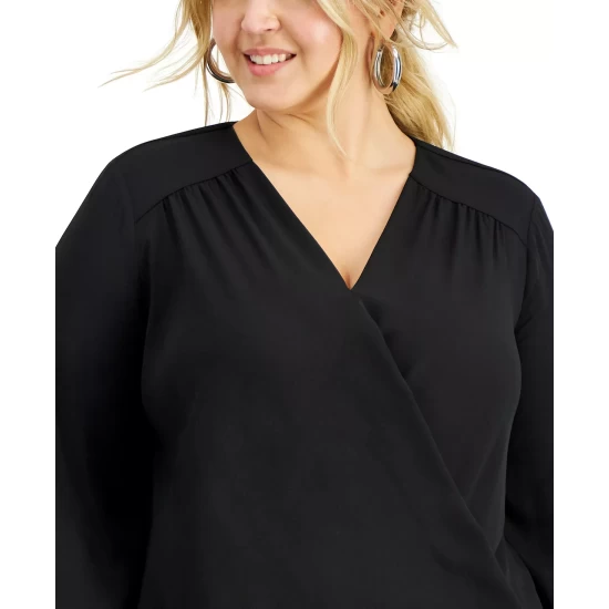 Budget ๐ INC International Concepts Plus Size Blouson-Sleeve Surplice Top, Created For Macy's Deep Black โ 6 Budget ๐ INC International Concepts Plus Size Blouson-Sleeve Surplice Top, Created For Macy's Deep Black โ - Image 4