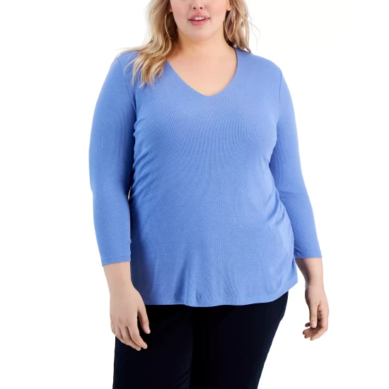 Budget 😍 INC International Concepts Plus Size Ribbed V-Neck Top, Created For Macy's Teal Kingfisher 👏 7 Budget 😍 INC International Concepts Plus Size Ribbed V-Neck Top, Created For Macy's Teal Kingfisher 👏 - Image 5