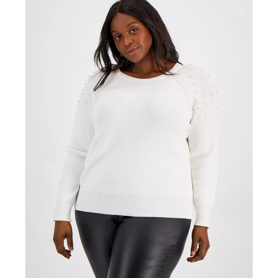 Wholesale ๐ INC International Concepts Plus Size Embellished Sweater, Created For Macy's Washed White โญ 4 Wholesale ๐ INC International Concepts Plus Size Embellished Sweater, Created For Macy's Washed White โญ - Image 2