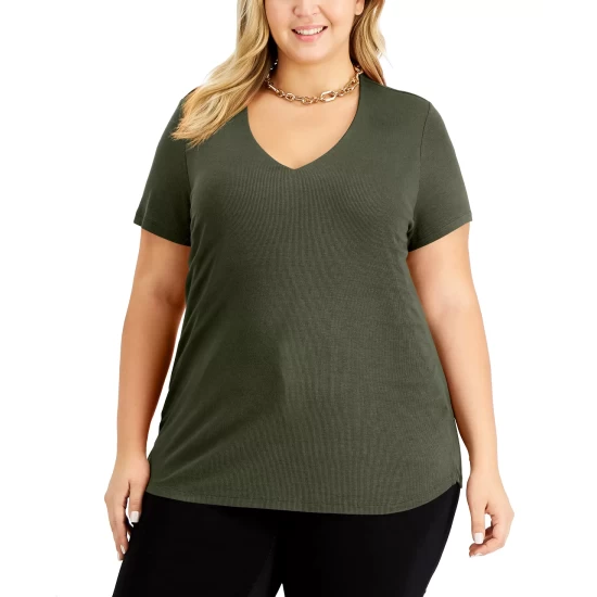 Buy ๐ INC International Concepts Plus Size Ribbed V-Neck T-Shirt, Created For Macy's Costa Green ๐ 6 Buy ๐ INC International Concepts Plus Size Ribbed V-Neck T-Shirt, Created For Macy's Costa Green ๐ - Image 4