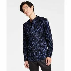 Promo ๐ฅฐ INC International Concepts Men's Flocked Baroque Band-Collar ๐ Shirt, Created For Macy's Basic Navy โญ