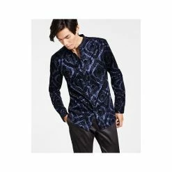 Promo 🥰 INC International Concepts Men's Flocked Baroque Band-Collar 👚 Shirt, Created For Macy's Basic Navy ⭐ -Inc International Sales unnamed file 1957