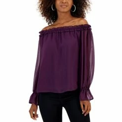 Deals ๐ฏ INC International Concepts ๐ฉ Women's Off-The-Shoulder Ruffled Blouse, Created For Macy's Black Berry Vin ๐คฉ