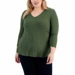 Budget 😍 INC International Concepts Plus Size Ribbed V-Neck Top, Created For Macy's Teal Kingfisher 👏