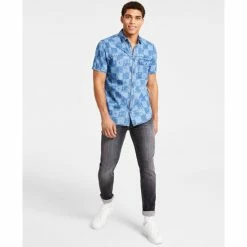 Discount ๐ INC International Concepts Men's Short-Sleeve Point Collar Check Denim ๐ Shirt, Created For Macy's Med Wash ๐