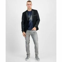 Budget 😍 INC International Concepts Men's Slim-Fit Pieced Mixed-Media Blazer With Faux-Leather Trim, Created For Macy's Deep Black ⌛