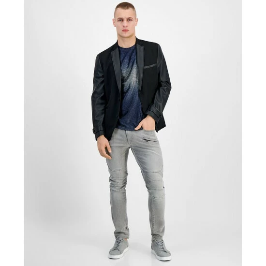 Budget ๐ INC International Concepts Men's Slim-Fit Pieced Mixed-Media Blazer With Faux-Leather Trim, Created For Macy's Deep Black โ 3 Budget ๐ INC International Concepts Men's Slim-Fit Pieced Mixed-Media Blazer With Faux-Leather Trim, Created For Macy's Deep Black โ