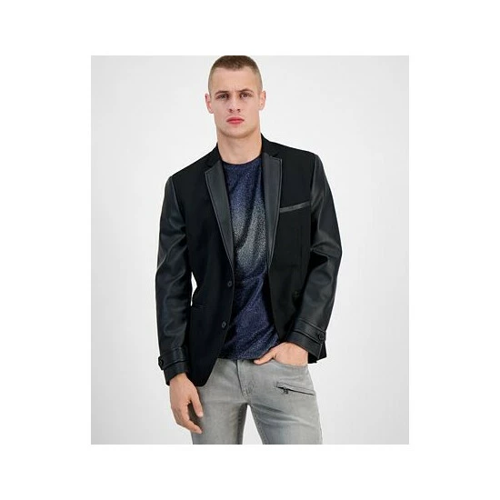 Budget ๐ INC International Concepts Men's Slim-Fit Pieced Mixed-Media Blazer With Faux-Leather Trim, Created For Macy's Deep Black โ 4 Budget ๐ INC International Concepts Men's Slim-Fit Pieced Mixed-Media Blazer With Faux-Leather Trim, Created For Macy's Deep Black โ - Image 2
