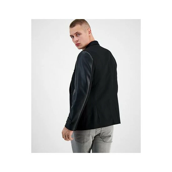 Budget ๐ INC International Concepts Men's Slim-Fit Pieced Mixed-Media Blazer With Faux-Leather Trim, Created For Macy's Deep Black โ 5 Budget ๐ INC International Concepts Men's Slim-Fit Pieced Mixed-Media Blazer With Faux-Leather Trim, Created For Macy's Deep Black โ - Image 3
