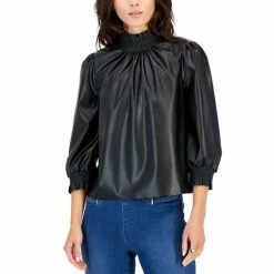 Best Pirce ๐ฅฐ INC International Concepts ๐ฉ Women's Faux-Leather Smocked-Neck Top, Created For Macy's Deep Black ๐