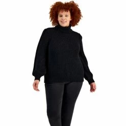 Best Sale ✔️ INC International Concepts Plus Size Ribbed Turtleneck Sweater, Created For Macy's Black Shine 🌟