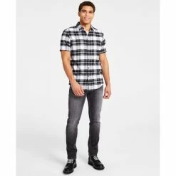 Best Sale ๐ INC International Concepts Men's Classic-Fit Metallic Plaid Button-Down ๐ Shirt, Created For Macy's White ๐ฅ