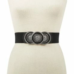 Best Sale โค๏ธ INC International Concepts Round-Buckle Stretch Belt, Created For Macy's Black/silver ๐