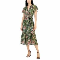 Flash Sale โค๏ธ INC International Concepts ๐ฉ Women's Printed Flutter-Sleeve Tie-Neck Midi ๐ Dress, Created For Macy's Tarmac Combo โจ