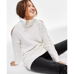 Discount ❤️ INC International Concepts 👩 Women's Cold-Shoulder Cable-Sleeve Sweater, Created For Macy's Deep Black 😀 -Inc International Sales unnamed file 294