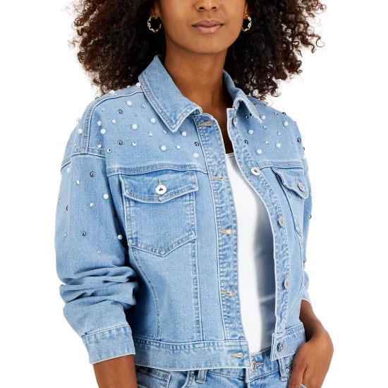 Best Pirce ๐ฏ INC International Concepts ๐ฉ Women's Luxe Embellished Trucker Jacket, Created For Macy's Light Indigo ๐ฏ 6 Best Pirce ๐ฏ INC International Concepts ๐ฉ Women's Luxe Embellished Trucker Jacket, Created For Macy's Light Indigo ๐ฏ - Image 4