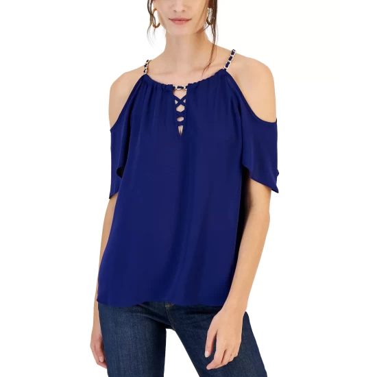 Discount ❤️ INC International Concepts 👩 Women's Cold-Shoulder Chain Halter Top, Created For Macy's Real Red ✨ 5 Discount ❤️ INC International Concepts 👩 Women's Cold-Shoulder Chain Halter Top, Created For Macy's Real Red ✨ - Image 3