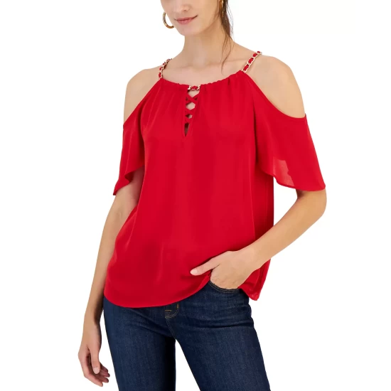 Discount ❤️ INC International Concepts 👩 Women's Cold-Shoulder Chain Halter Top, Created For Macy's Real Red ✨ 6 Discount ❤️ INC International Concepts 👩 Women's Cold-Shoulder Chain Halter Top, Created For Macy's Real Red ✨ - Image 4