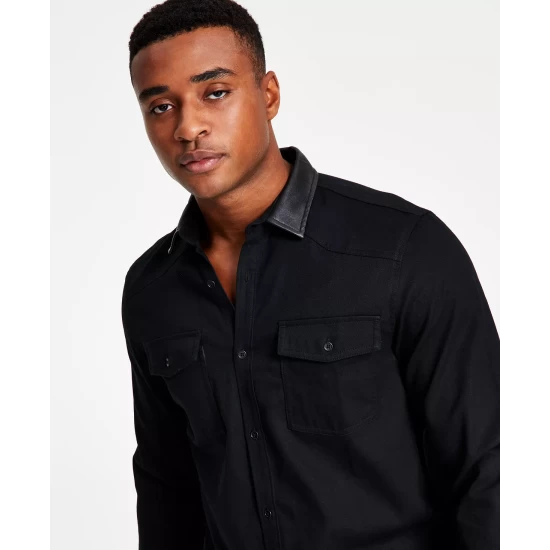 Deals 🎉 INC International Concepts Men's Classic-Fit Solid Button-Down 👕 Shirt With Faux-Leather Collar, Created For Macy's Deep Black 🎁 6 Deals 🎉 INC International Concepts Men's Classic-Fit Solid Button-Down 👕 Shirt With Faux-Leather Collar, Created For Macy's Deep Black 🎁 - Image 4